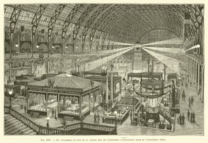 Nighttime Overview of the Great Nave of the Electricity Exhibition, Taken from the West End by French School